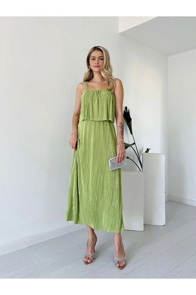 Likralı Astarlı Askılı Pliseli Şal Yaka Beli Lastikli Elbise