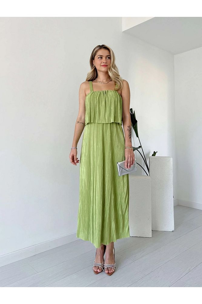 Likralı Astarlı Askılı Pliseli Şal Yaka Beli Lastikli Elbise