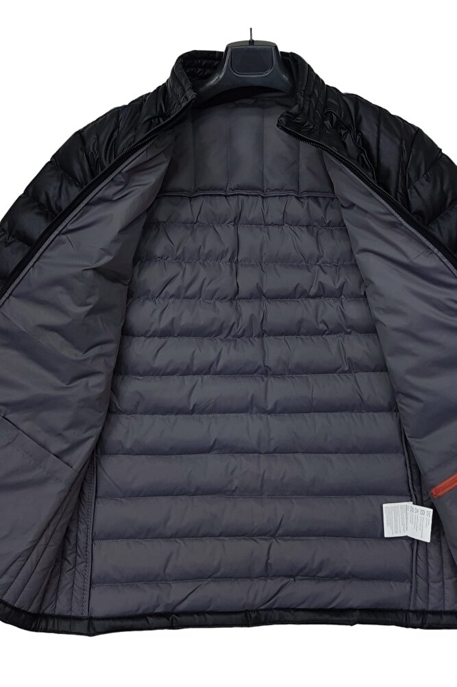 Erkek Siyah Dar Slim Fit Dik Yaka Şişme Suni Deri Mont