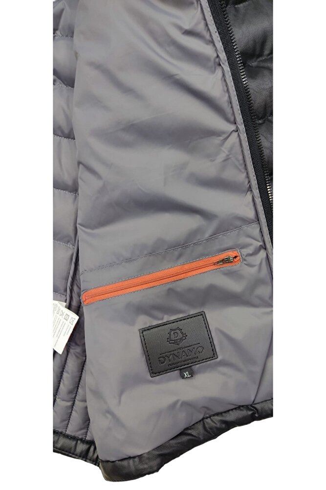 Erkek Siyah Dar Slim Fit Dik Yaka Şişme Suni Deri Mont