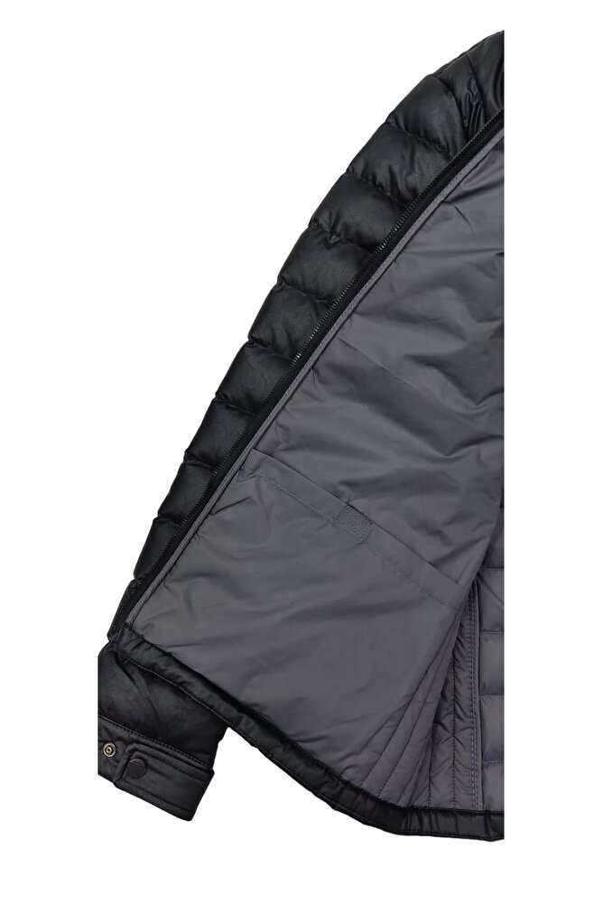 Erkek Siyah Dar Slim Fit Dik Yaka Şişme Suni Deri Mont
