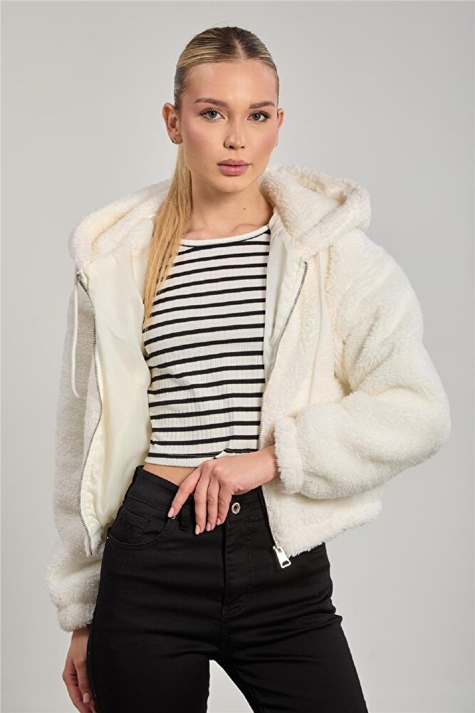 Kadın Kapüşonlu Önü Fermuarlı yumuşak Dokulu Kışlık Peluş Crop Mont