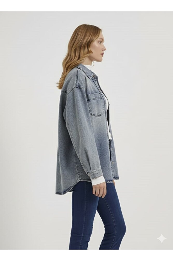 Kadın Dar Kalıp Önü Düğmeli Taşlanmış Çift Cep Uzun Günlük Kot Ceket