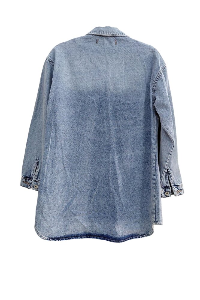 Kadın Dar Kalıp Önü Düğmeli Taşlanmış Çift Cep Uzun Günlük Kot Ceket