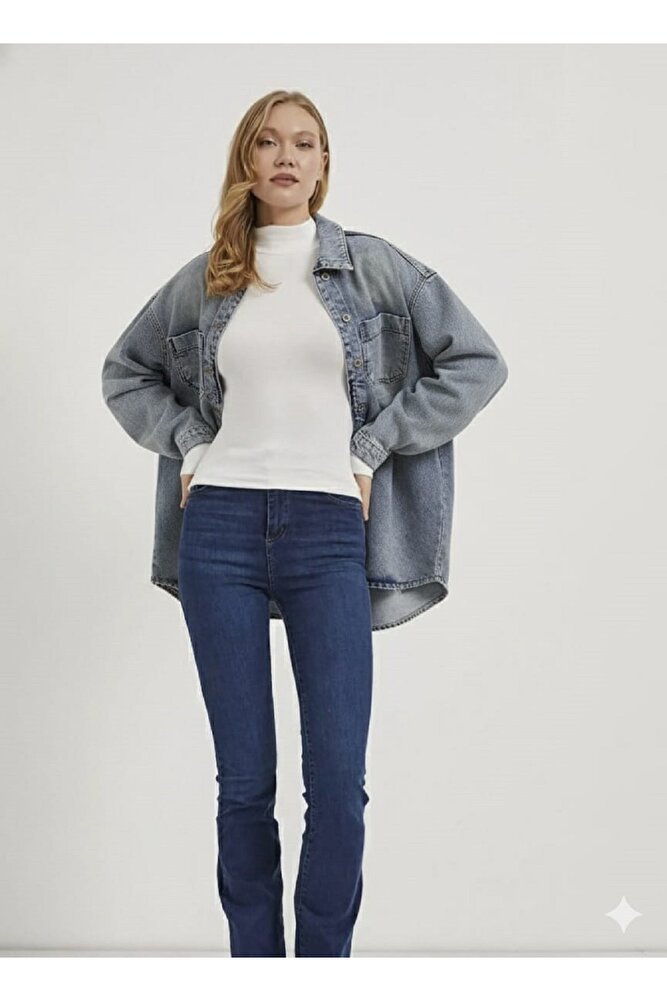 Kadın Dar Kalıp Önü Düğmeli Taşlanmış Çift Cep Uzun Günlük Kot Ceket