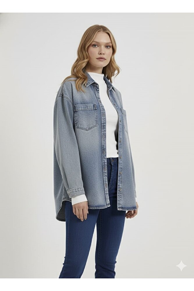 Kadın Dar Kalıp Önü Düğmeli Taşlanmış Çift Cep Uzun Günlük Kot Ceket