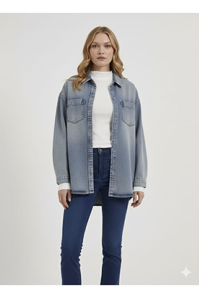 Kadın Dar Kalıp Önü Düğmeli Taşlanmış Çift Cep Uzun Günlük Kot Ceket