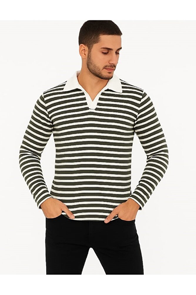 Erkek Çizgili Apaş Yaka Triko Kazak