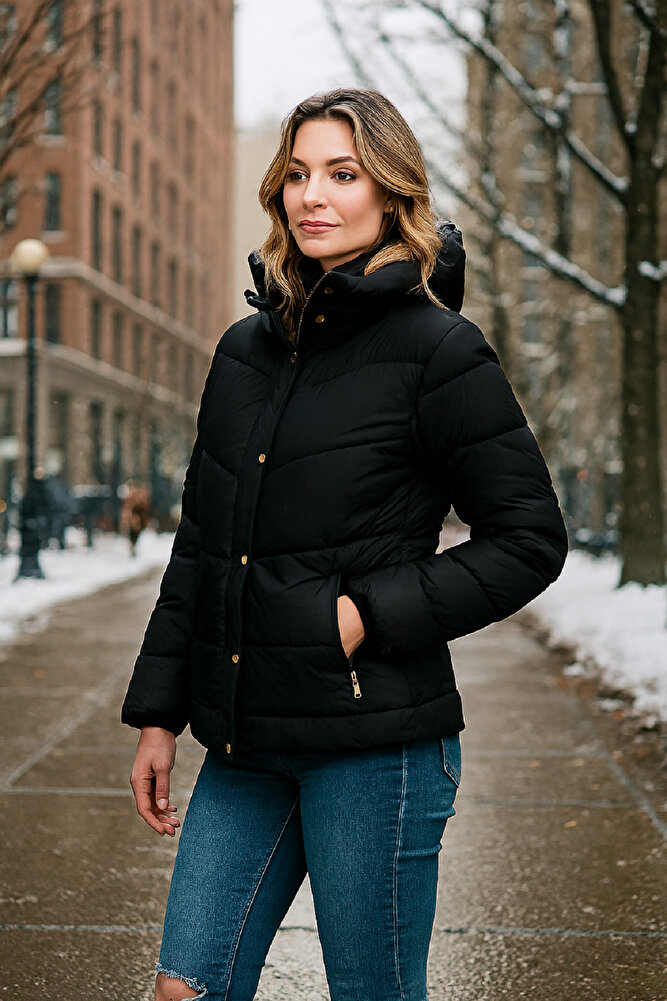 Siyah Dik Yaka Fermuar Aksesuarlı Kürk Astarlı Kalın Şişme Mont