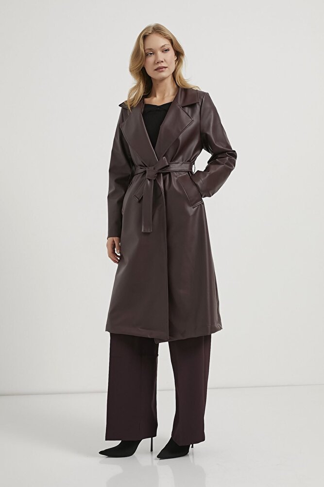 Kadın Beli Kuşaklı Çift Cepli Midi Boy Modern Suni Deri Trençkot