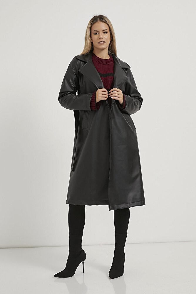 Kadın Beli Kuşaklı Çift Cepli Midi Boy Modern Suni Deri Trençkot