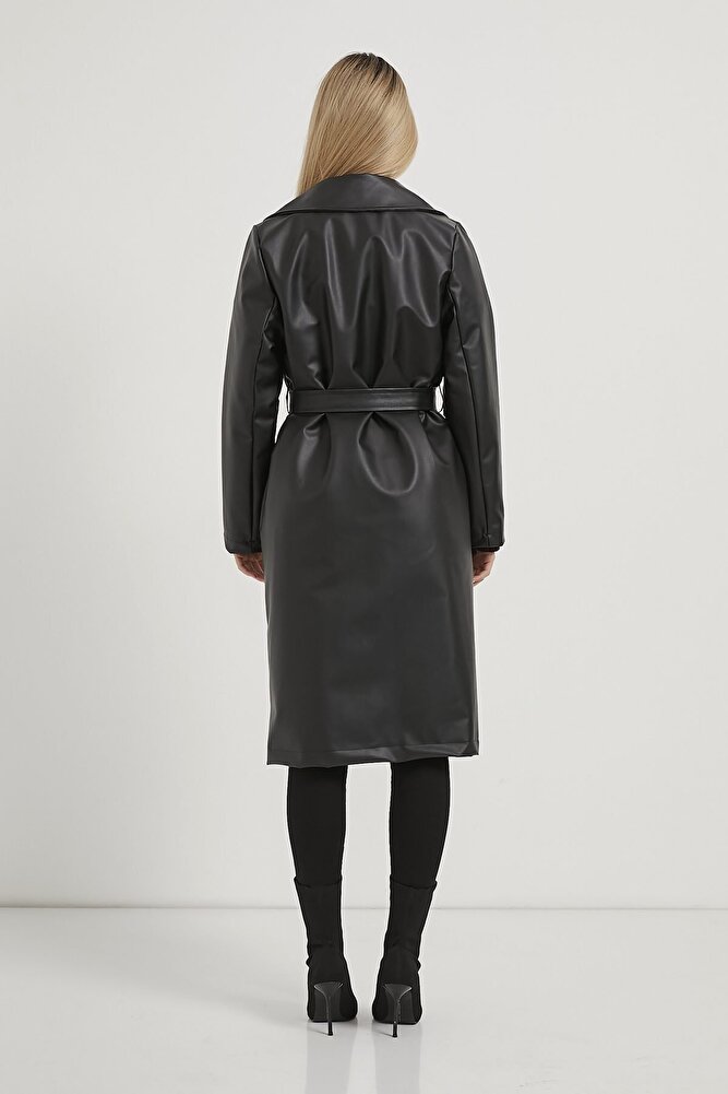 Kadın Beli Kuşaklı Çift Cepli Midi Boy Modern Suni Deri Trençkot
