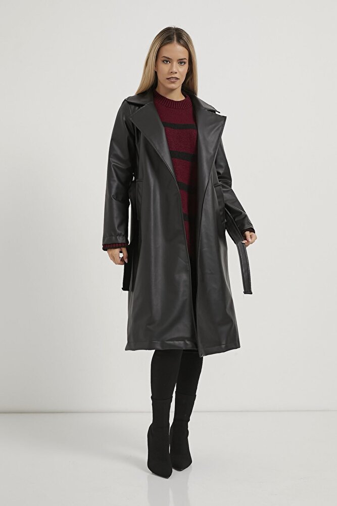 Kadın Beli Kuşaklı Çift Cepli Midi Boy Modern Suni Deri Trençkot