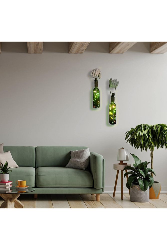 El Yapımı Heykel El Dekorlu Renkli Led Işıklı Yeşil Şarap Şişesi Aplik 2'li Set
