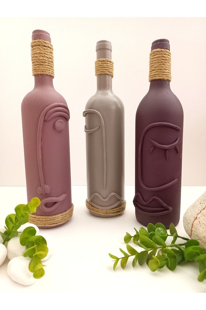 Abstract, Heykel Yüz Tasarımı Dekoru, El Yapımı Dekoratif Şarap Şişeleri 3'lü Set