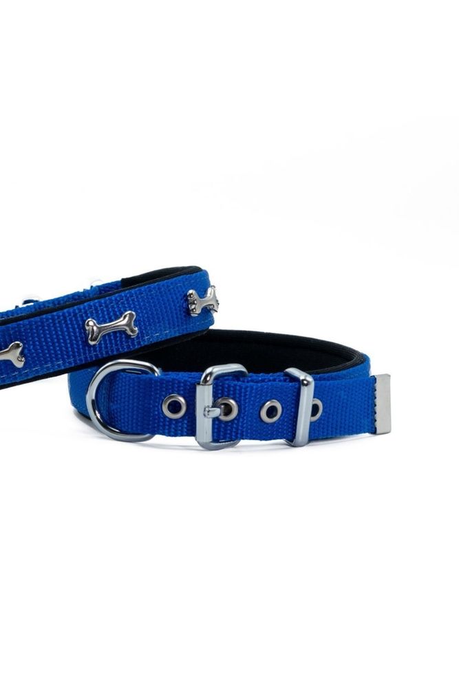 Konforlu Dokumadan El Yapımı Kemik Süslü Köpek Boyun Tasması 2x35-40cm Royal Mavisi