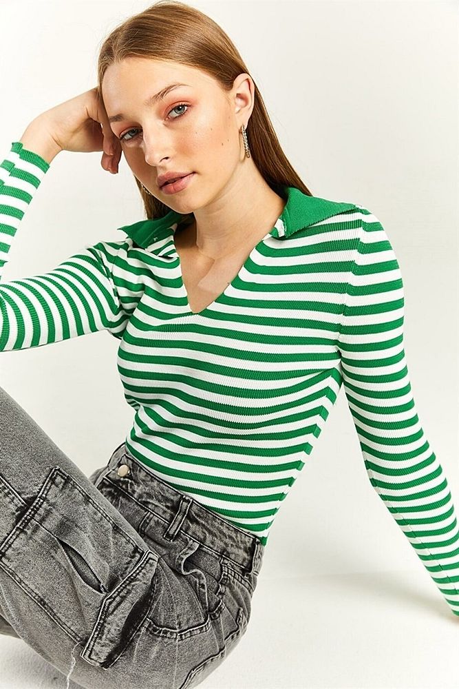 Kadın Benetton Yeşili Çizgili Polo Yaka Crop Body