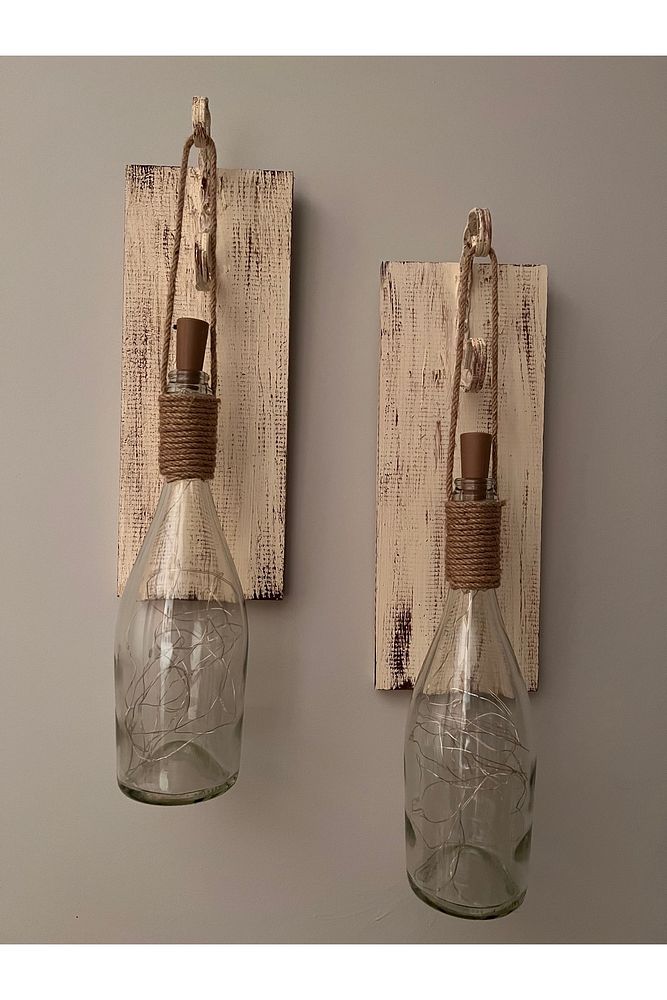 Tıpa Peri Led Işıklı Krem Kahve Cam Şampanya Şişesi Duvar Aplik 2'li Set