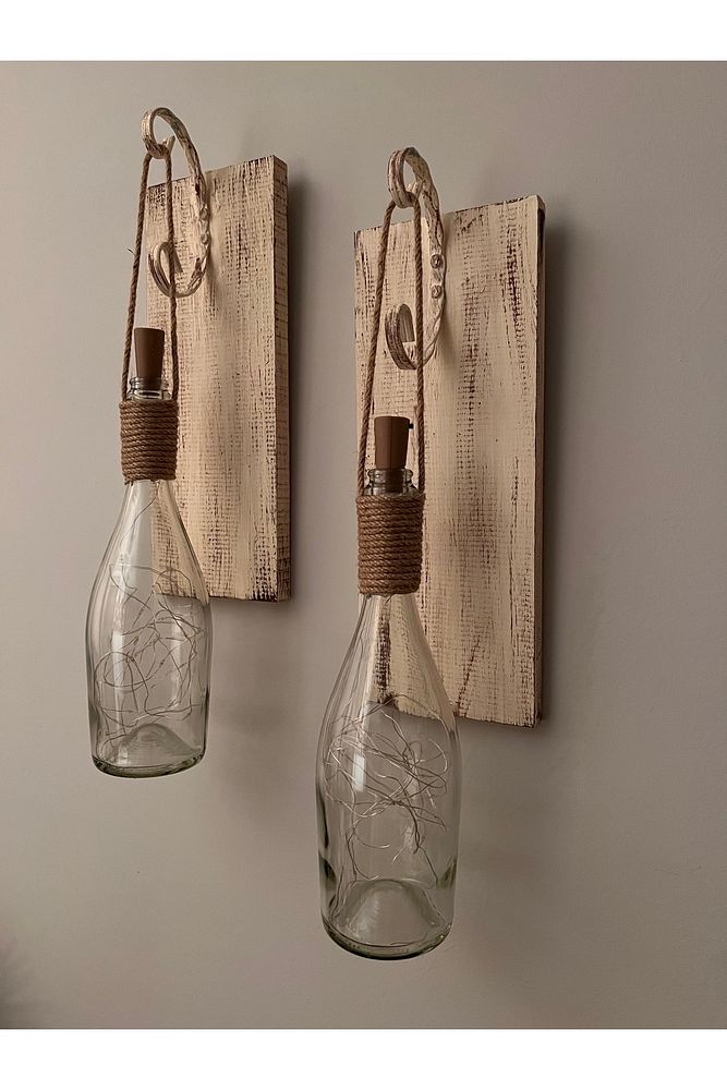 Tıpa Peri Led Işıklı Krem Kahve Cam Şampanya Şişesi Duvar Aplik 2'li Set