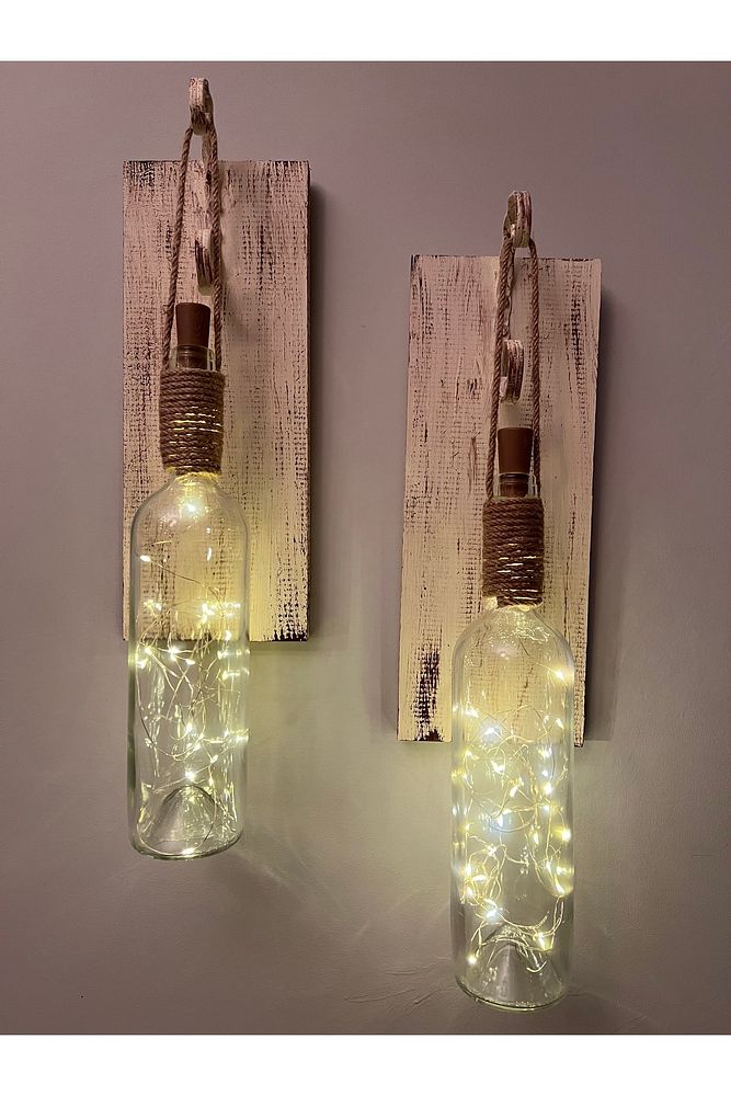 Tıpa Peri Led Işıklı Krem Kahve Cam Şarap Şişesi Duvar Aplik 2'li Set