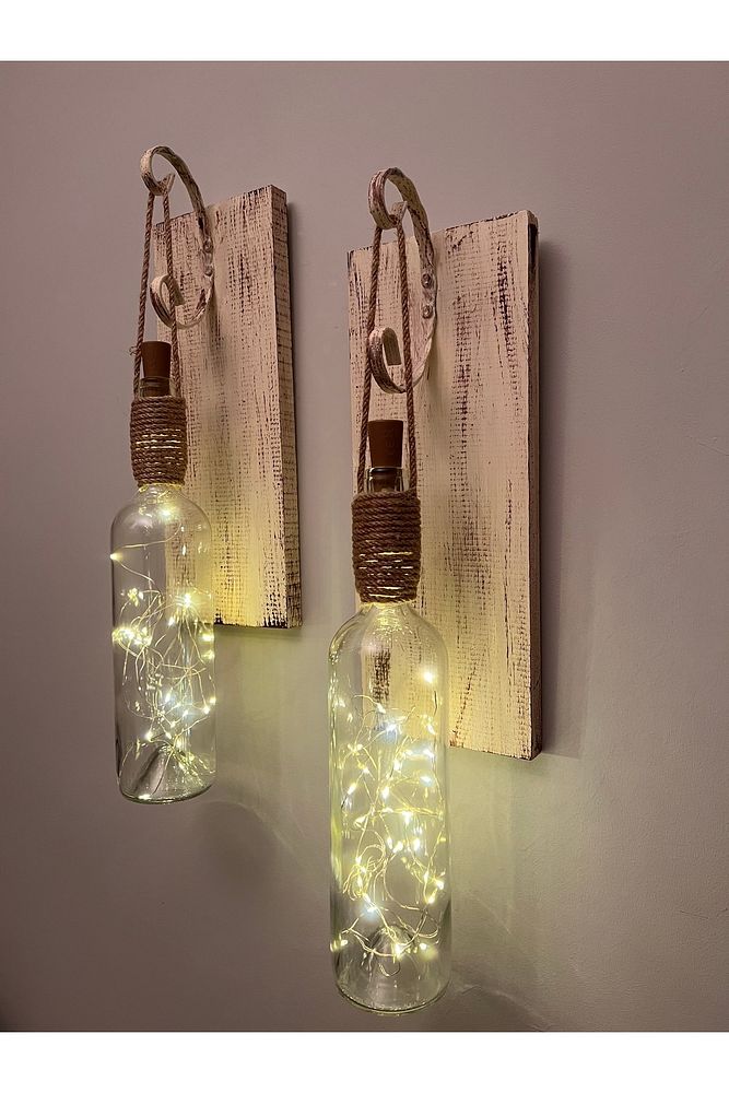 Tıpa Peri Led Işıklı Krem Kahve Cam Şarap Şişesi Duvar Aplik 2'li Set