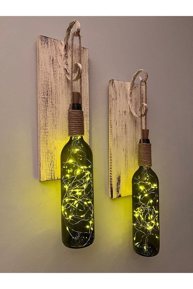 Tıpa Peri Led Işıklı Krem Kahve Retro Yeşil Şarap Şişesi Duvar Aplik 2'li Set