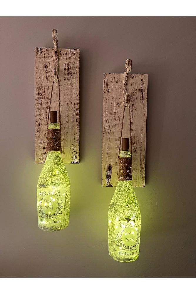 Tıpa Peri Led Işıklı Krem Kahve Renkli Buzlu Cam Şampanya Şişesi Duvar Aplik 2'li Set