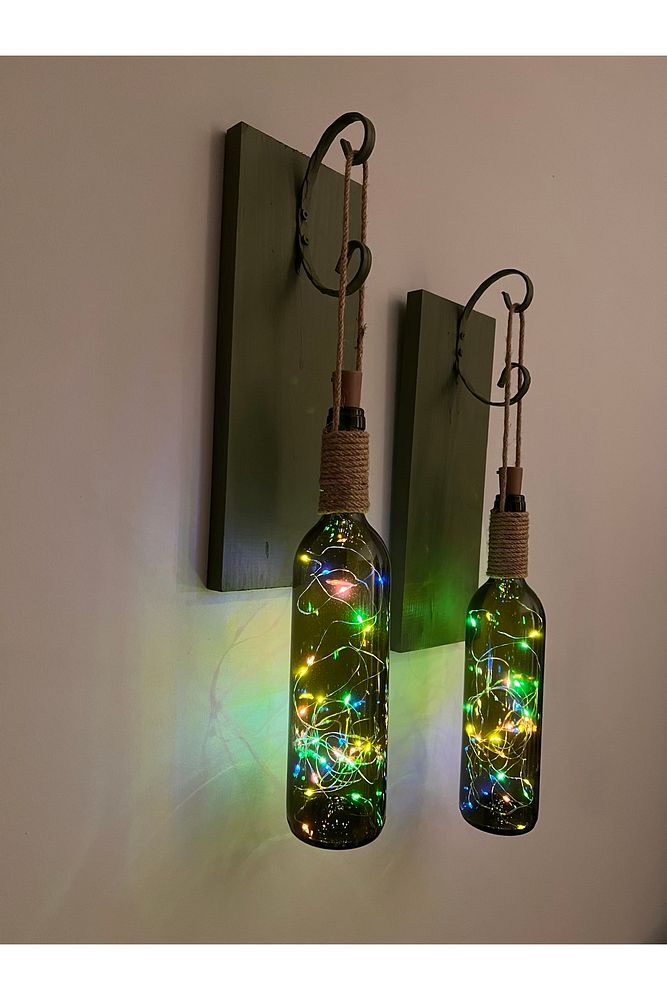 Renkli Tıpa Peri Led Işıklı Yeşil Ahşap Retro Yeşil Şarap Şişesi Duvar Aplik 2'li Set