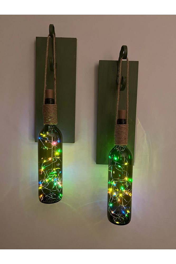 Renkli Tıpa Peri Led Işıklı Yeşil Ahşap Retro Yeşil Şarap Şişesi Duvar Aplik 2'li Set