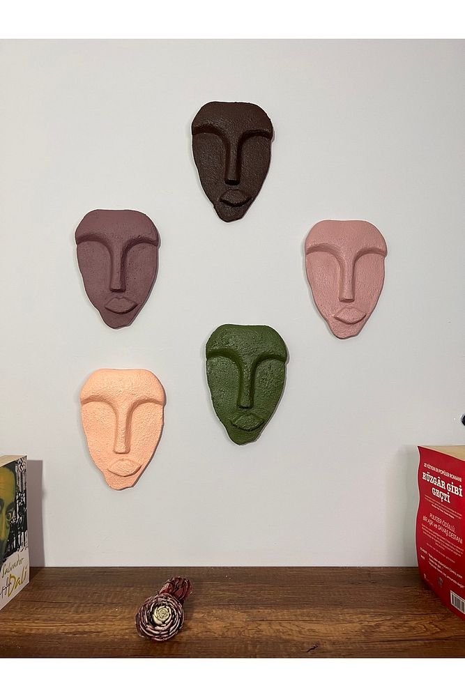 Özel Tasarım Dekoratif Duvar Maskeleri 5'li Set, Ev Dekoru, Kahverengi Dekor