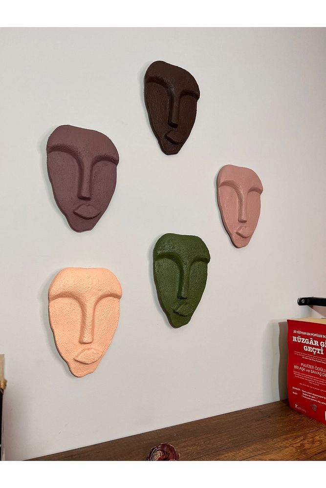 Özel Tasarım Dekoratif Duvar Maskeleri 5'li Set, Ev Dekoru, Kahverengi Dekor