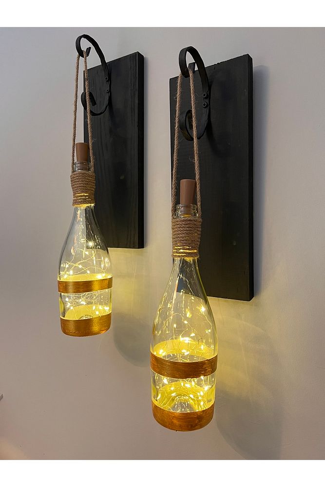 Tıpa Peri Led Işıklı Siyah Ahşap Cam Şampanya Şişesi Duvar Aplik 2'li Set