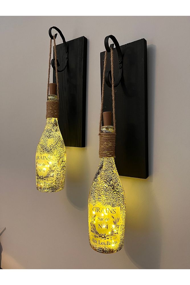 Tıpa Peri Led Işıklı Siyah Ahşap Cam Şampanya Şişesi Duvar Aplik 2'li Set