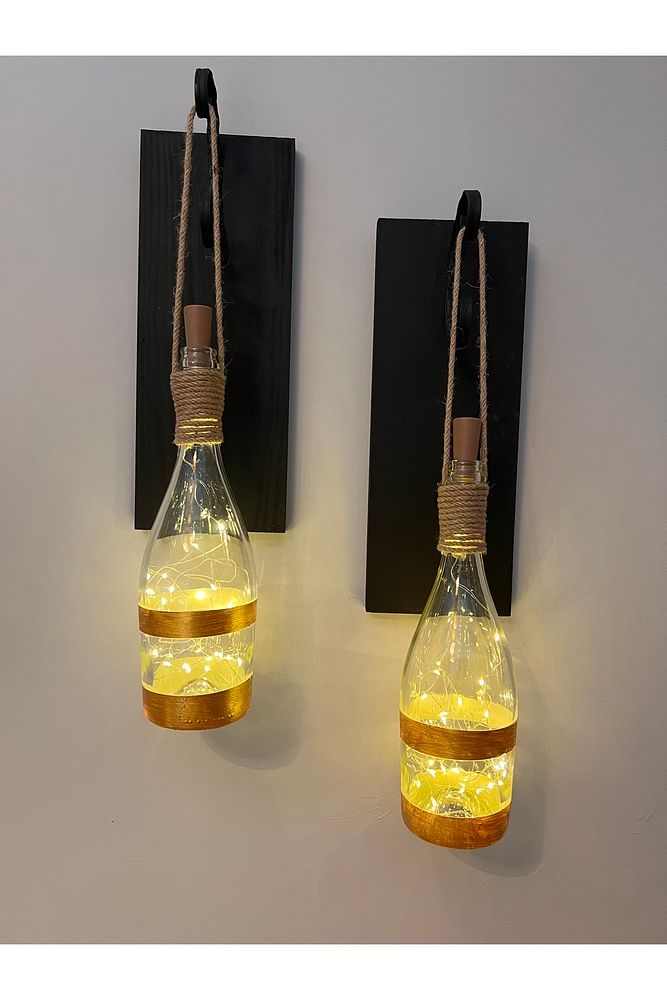 Tıpa Peri Led Işıklı Siyah Ahşap Cam Şampanya Şişesi Duvar Aplik 2'li Set