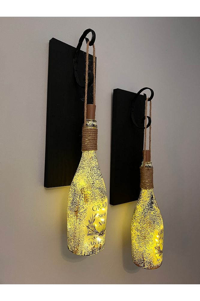 Tıpa Peri Led Işıklı Siyah Ahşap Cam Şampanya Şişesi Duvar Aplik 2'li Set