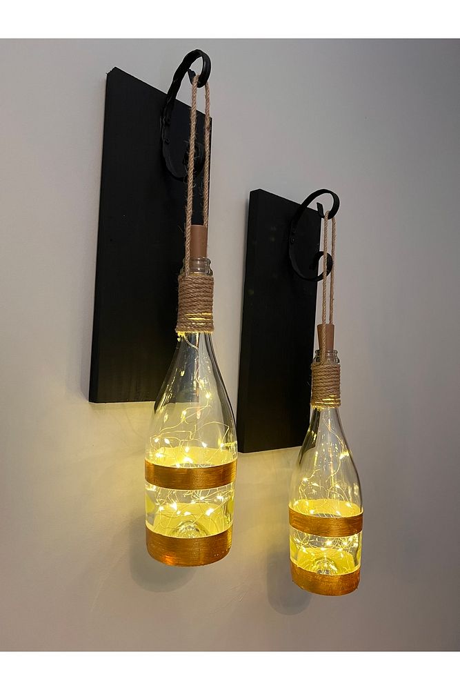 Tıpa Peri Led Işıklı Siyah Ahşap Cam Şampanya Şişesi Duvar Aplik 2'li Set