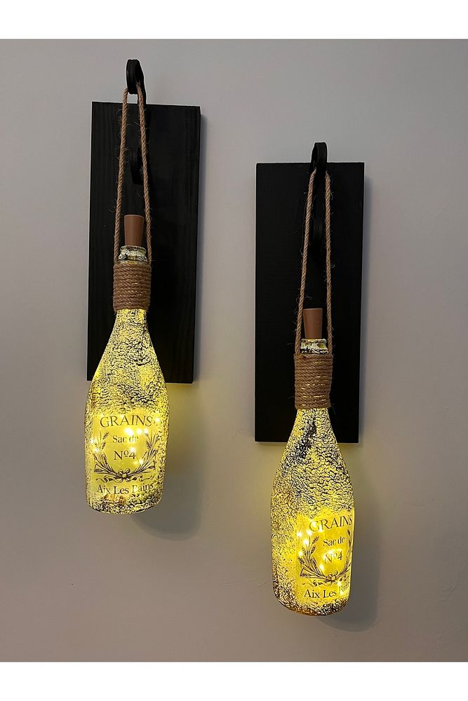 Tıpa Peri Led Işıklı Siyah Ahşap Cam Şampanya Şişesi Duvar Aplik 2'li Set