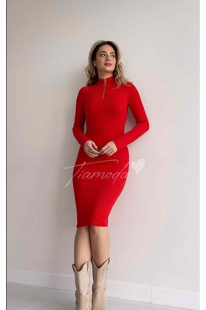 Kadın Yaka Fermuarlı Basic Esnek Elbise