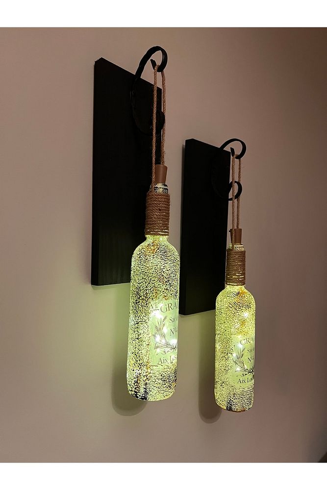 Led Işıklı Siyah Renkli Buzlu Eskitme Cam Salon Bar Bahçe Dekoru Şarap Şişesi Duvar Aplik 2'li Set