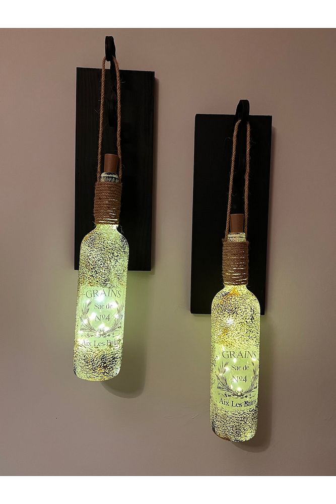 Led Işıklı Siyah Renkli Buzlu Eskitme Cam Salon Bar Bahçe Dekoru Şarap Şişesi Duvar Aplik 2'li Set