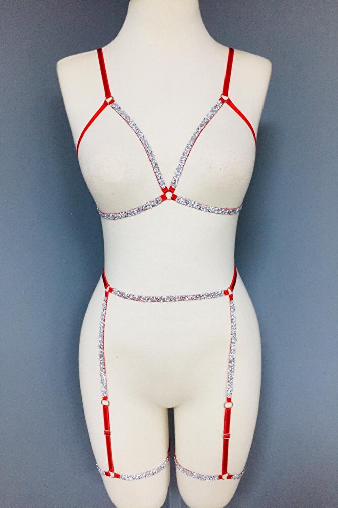 Ashlee Kadın Parlak Taşlı Bacak Aksesuarlı Jartiyer Sütyen Seksi Harness Takım