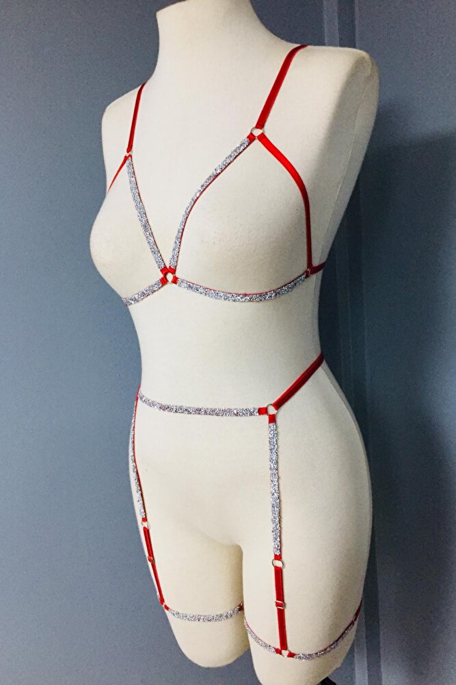 Ashlee Kadın Parlak Taşlı Bacak Aksesuarlı Jartiyer Sütyen Seksi Harness Takım