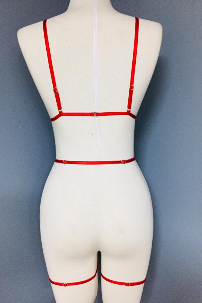 Ashlee Kadın Parlak Taşlı Bacak Aksesuarlı Jartiyer Sütyen Seksi Harness Takım