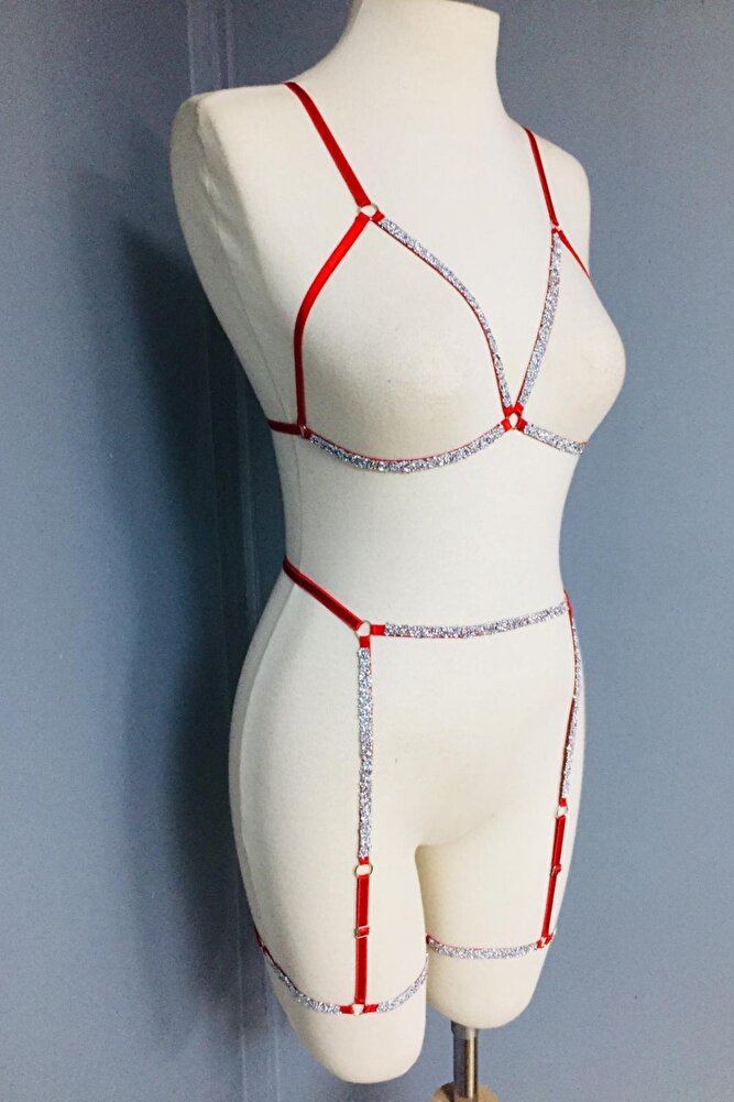 Ashlee Kadın Parlak Taşlı Bacak Aksesuarlı Jartiyer Sütyen Seksi Harness Takım