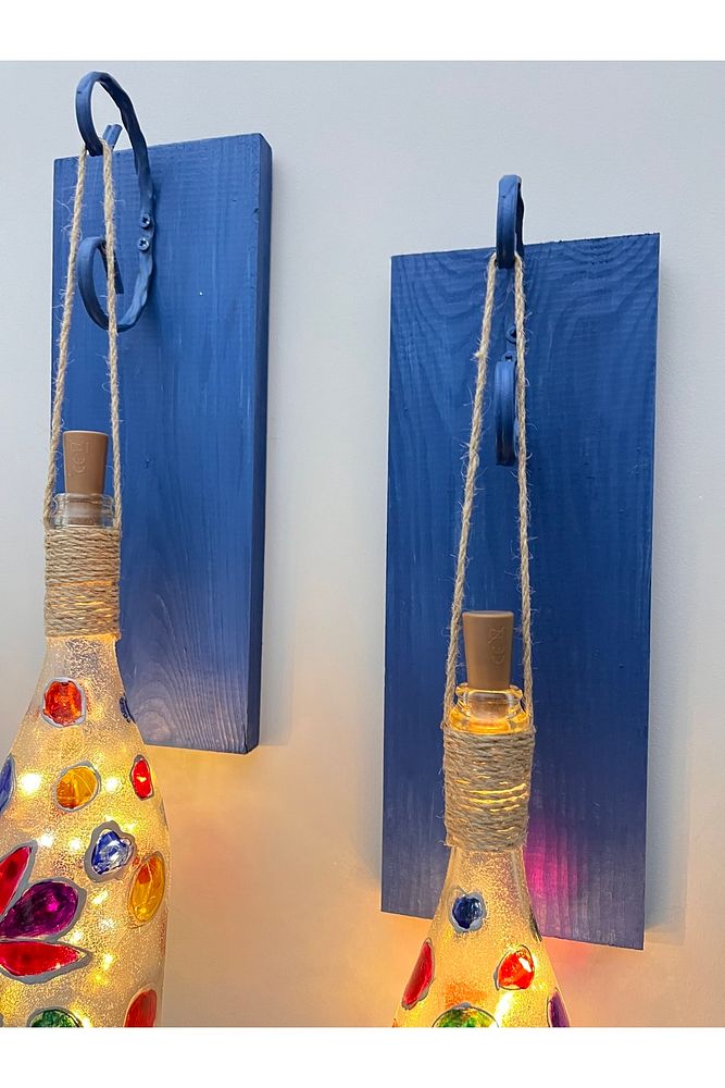 Led Işıklı Ahşap Koyu Mavi Renkli Vitray Cam Salon Bar Bahçe Dekoru Şampanya Şişesi Aplik 2'li Set