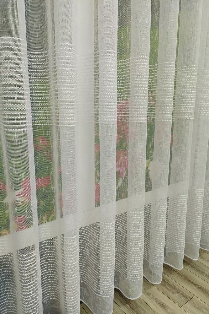 Beyaz Etek Kurşunlu 1. Sınıf Natural Keten Yatay Çizgili Tül Perde 1/2,5 NORMAL Pileli