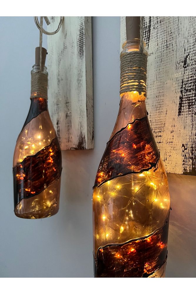 Led Işıklı Ahşap Kahverengi Vitray Cam Salon Bar Bahçe Dekoru Şampanya Şişesi Aplik 2 Li Set