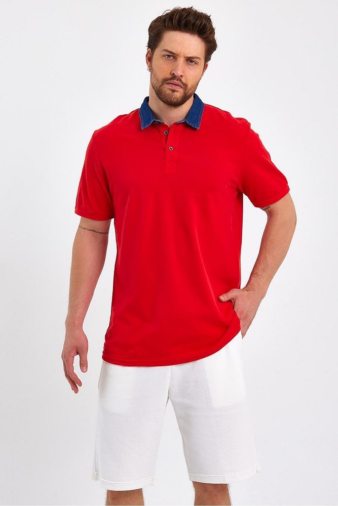 Erkek Beyaz Denim Pamuklu Polo Yaka Tshirt