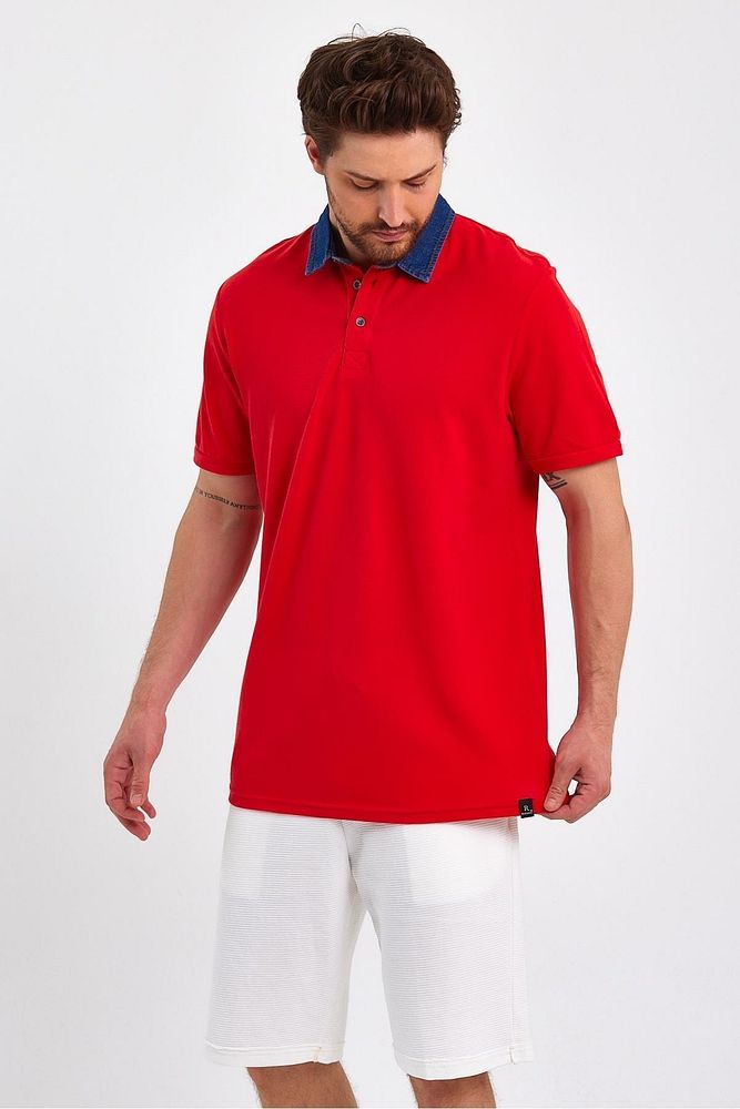 Erkek Beyaz Denim Pamuklu Polo Yaka Tshirt