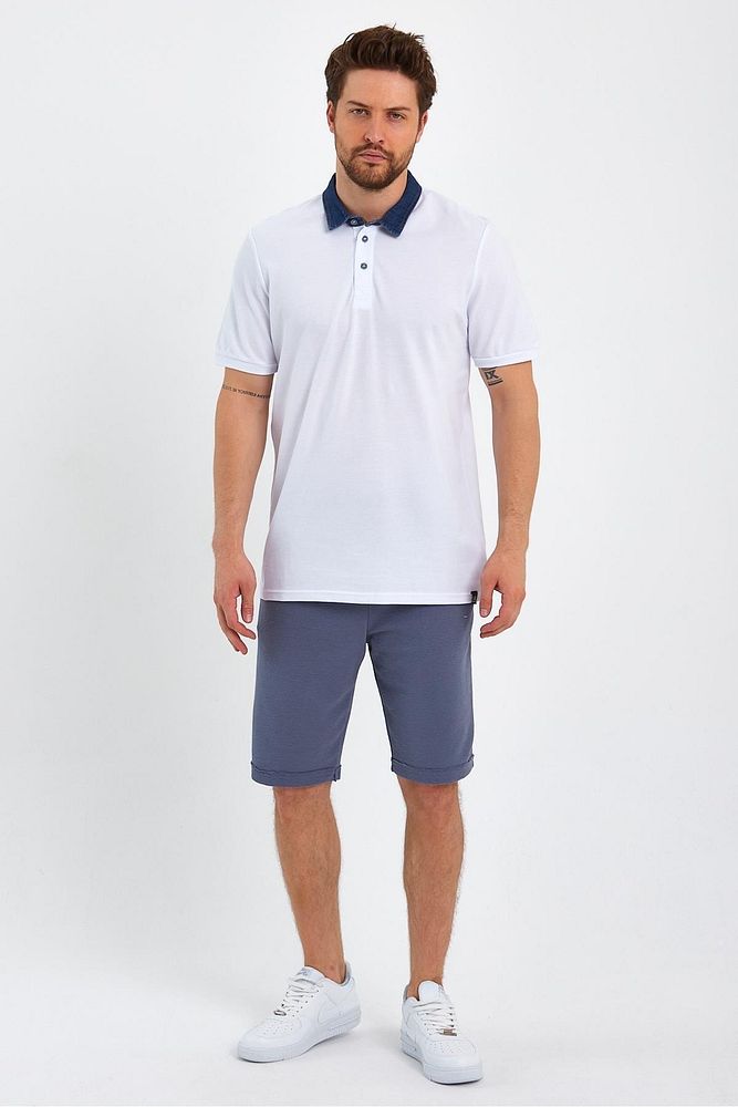 Erkek Beyaz Denim Pamuklu Polo Yaka Tshirt